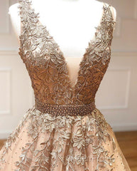 A Line V Neck Champagne Lace Evening Prom Dresses, V Neck Champagne Lace Formal Graduation Evening Dresses