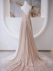 A Line V Neck Champagne Long Evening Prom Dresses, Shiny Tulle Champagne Evening Dresses