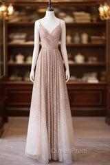 A Line V Neck Champagne Long Evening Prom Dresses, Shiny Tulle Champagne Evening Dresses