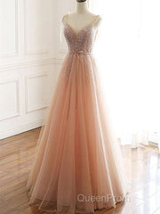 A Line V Neck Champagne Tulle Long Beaded Evening Prom Dresses, Champagne Long Formal Evening Dresses