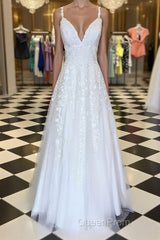 A Line V Neck Floor Length Lace White Long Evening Prom Dresses, White Lace Formal Dresses, V Neck White Evening Dresses