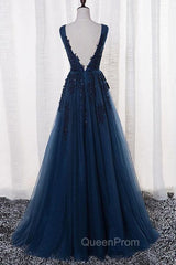 A-Line V-Neck Floor Length Navy Blue Evening Prom Dresses With Appliques