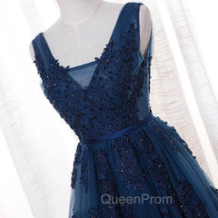 A-Line V-Neck Floor Length Navy Blue Evening Prom Dresses With Appliques