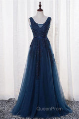 A-Line V-Neck Floor Length Navy Blue Evening Prom Dresses With Appliques