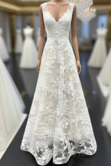 A Line V Neck Floral Lace Long Evening Prom Dresses