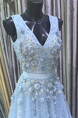 A Line V Neck Floral Light Blue Lace Long Evening Prom Dresses, Light Blue Lace Formal Graduation Evening Dresses