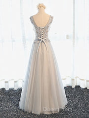 A Line V Neck Gray Floral Long Evening Prom Dresses, V Neck Gray Long Floral Formal Bridesmaid Dresses