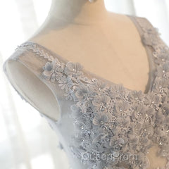 A Line V Neck Gray Floral Long Evening Prom Dresses, V Neck Gray Long Floral Formal Bridesmaid Dresses