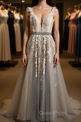 A Line V Neck Gray Lace Long Evening Prom Dresses with Belt, Gray Lace Floral Formal Dresses, Gray Lace Evening Dresses