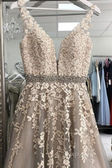 A Line V Neck Gray Lace Long Evening Prom Dresses with Belt, Gray Lace Floral Formal Dresses, Gray Lace Evening Dresses