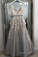 A Line V Neck Gray Lace Long Evening Prom Dresses with Belt, Gray Lace Floral Formal Dresses, Gray Lace Evening Dresses