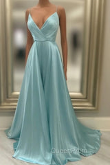 A Line V Neck Green Satin Long Evening Prom Dresses, Green V Neck Long Evening Dresses
