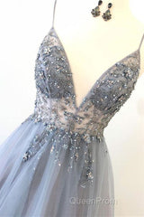 A Line V Neck Grey Beaded Long Evening Prom Dresses with Split, Grey Beaded Formal Graduation Evening Dresses