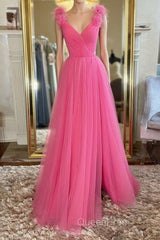 A Line V Neck Hot Pink Tulle Long Evening Prom Dresses with Slit, Hot Pink Formal Graduation Evening Dresses