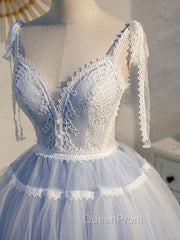 A Line V Neck Lace Blue Short Evening Prom Dresses, Blue Puffy Homecoming Dresses