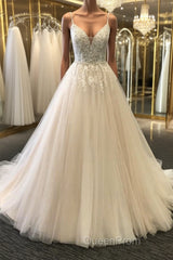 A Line V Neck Light Champagne Lace Evening Prom Dresses, Light Champagne Lace Wedding Formal Dresses