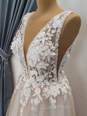 A Line V Neck Long Champagne Lace Wedding Dresses, Champagne Lace Long Formal Evening Prom Dresses