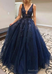 A-line V Neck Long/Floor-Length Lace Tulle Prom Dresses With Appliqued