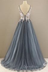 A Line V Neck Open Back Appliques Gray Long Evening Prom Dresses, V Neck Grey Formal Dresses, Gray Evening Dresses