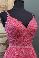A Line V Neck Open Back Beaded Hot Pink Lace Long Evening Prom Dresses, Hot Pink Lace Formal Graduation Evening Dresses