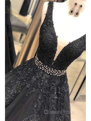 A-Line V-Neck Open Back Black Lace Long Evening Prom Dresses Evening Dresses With Beading,