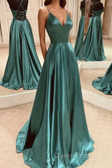 A Line V Neck Open Back Emerald Green Satin Long Evening Prom Dresses, Backless Emerald Green Formal Graduation Evening Dresses
