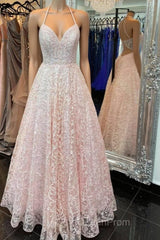 A Line V Neck Open Back Pink Lace Long Evening Prom Dresses, Pink Lace Formal Graduation Evening Dresses
