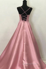 A Line V Neck Open Back Pink Satin Long Evening Prom Dresses, Open Back Pink Formal Graduation Evening Dresses