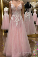 A Line V Neck Pink Lace Floral Long Evening Prom Dresses, Pink Lace Formal Dresses, Pink Evening Dresses