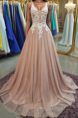 A Line V Neck Pink Lace Long Evening Prom Dresses, V Neck Pink Formal Dresses, Pink Lace Evening Dresses