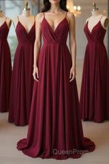 A Line V Neck Pleated Burgundy Long Evening Prom Dresses, V Neck Burgundy Long Evening Dresses, Burgundy Graduation Dresses, Formal Dresses