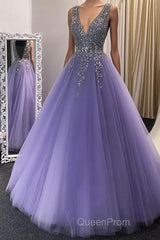 A Line V Neck Purple Beaded Long Evening Prom Dresses, Lilac Long Formal Evening Dresses with Beadings