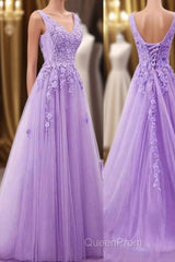 A Line V Neck Purple Lace Evening Prom Dresses, Purple Lace Long Formal Bridesmaid Dresses