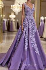 A Line V Neck Purple Long Evening Prom Dresses with Lace Appliques, V Neck Purple Formal Evening Dresses