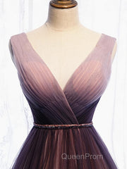 A Line V Neck Purple Ombre Evening Prom Dresses, V Neck Purple Ombre Formal Evening Bridesmaid Dresses