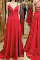 A Line V Neck Red Backless Long Evening Prom Dresses, Red A Line V Neck Open Back Formal Evening Dresses