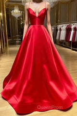 A Line V Neck Red Backless Evening Prom Dresses, Red Backless Long Formal Evening Graduation Dresses