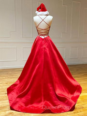 A Line V Neck Red Backless Evening Prom Dresses, Red Backless Long Formal Evening Graduation Dresses
