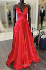 A Line V Neck Red Long Evening Prom Dresses, Red V Neck Long Formal Evening Bridesmaid Dresses