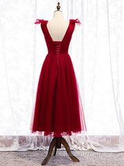 A Line V Neck Red Tea Length Evening Prom Dresses with Corset Back, Red Tea Length Formal Graduation Dresses