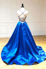 A Line V Neck Royal Blue Backless Evening Prom Dresses, Open Back Royal Blue Formal Evening Graduation Dresses