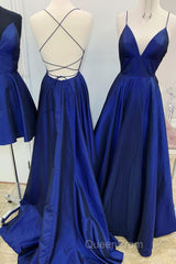 A Line V Neck Royal Blue Backless Evening Prom Dresses, Royal Blue Backless Formal Evening Bridesmaid Dresses