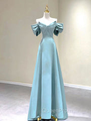 A-Line V Neck Satin Blue Long Evening Prom Dresses, Blue Evening Dresses