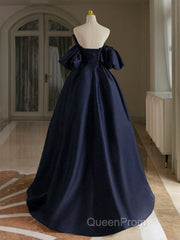 A-Line V Neck Satin Dark Blue Long Evening Prom Dresses, Dark Blue Long Formal Dresses