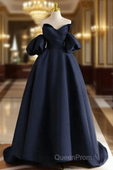 A-Line V Neck Satin Dark Blue Long Evening Prom Dresses, Dark Blue Long Formal Dresses
