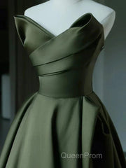 A-Line V Neck Satin Green Long Evening Prom Dresses, Green Long Formal Dresses