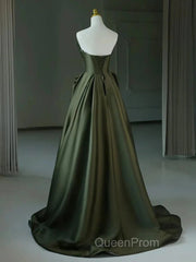 A-Line V Neck Satin Green Long Evening Prom Dresses, Green Long Formal Dresses