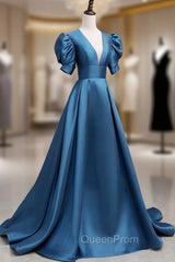 A-Line V Neck Satin Long Evening Prom Dresses, Blue Satin Long Evening Dresses