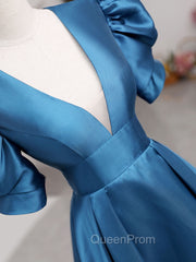A-Line V Neck Satin Long Evening Prom Dresses, Blue Satin Long Evening Dresses