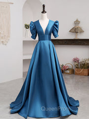 A-Line V Neck Satin Long Evening Prom Dresses, Blue Satin Long Evening Dresses
